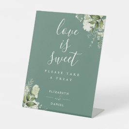 Eucalyptus groene bloemige Love Is Sweet Favor Reclamebord Met Voetstuk