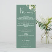 Eucalyptus groene bloemige monogram huwelijksdiner menu (Staand voorkant)