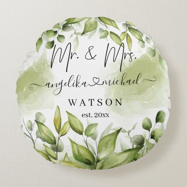 Eucalyptus Groene Blush Moderne Trendy Script Rond Kussen (Voorkant)