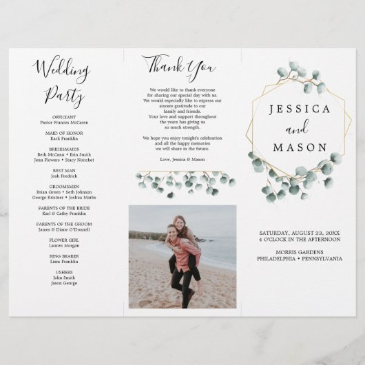 Eucalyptus Groene Drie-Voudige Trouwprogramma Foto Flyer (Voorkant)