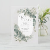Eucalyptus Groene Dromerige Elegante Foto Bruiloft Save The Date (Staand voorkant)