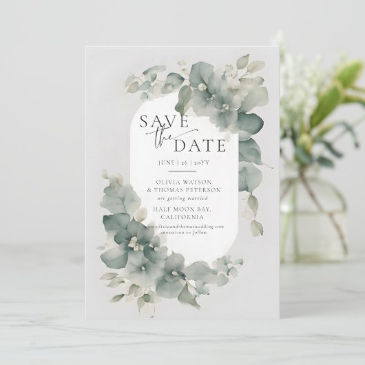 Eucalyptus Groene Dromerige Elegante Foto Bruiloft Save The Date (Staand voorkant)