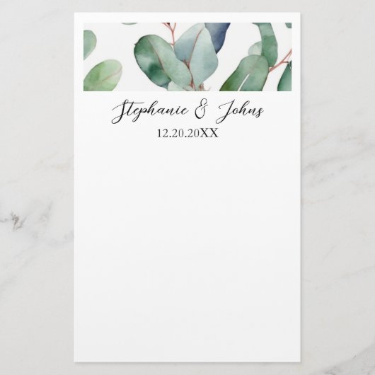 Eucalyptus Groene Elegante Eenvoudige Rustieke Bru Briefpapier (Voorkant)