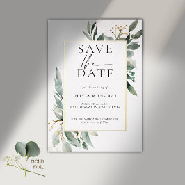 Eucalyptus Groene Elegante Gouden Trouw Save Date Folie Uitnodiging