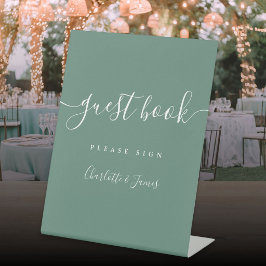 Eucalyptus groene elegante moderne script gastboek reclamebord met voetstuk