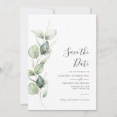Eucalyptus Groene Gebladerte Scriptie Bruiloft Save The Date (Voorkant)