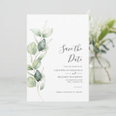 Eucalyptus Groene Gebladerte Scriptie Bruiloft Save The Date (Staand voorkant)