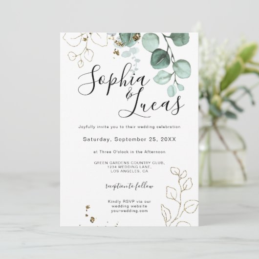 Eucalyptus Groene Goud Elegant Bruiloft Kaart (Staand voorkant)