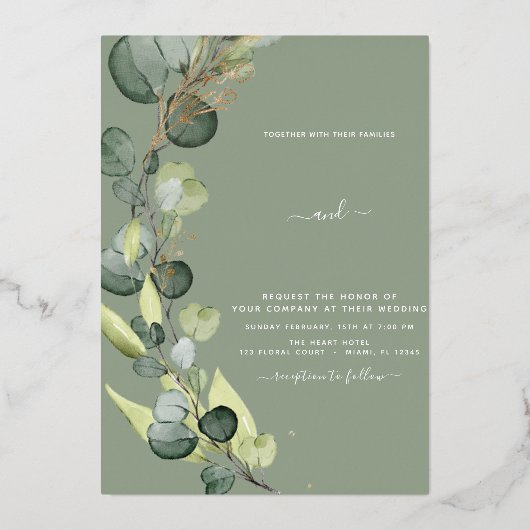 Eucalyptus Groene Goud Folie Huwelijksuitnodiging Uitnodiging (Voorkant)
