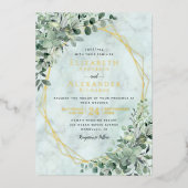 Eucalyptus Groene Goud Folie Marmeren Huwelijk Uitnodiging (Voorkant)