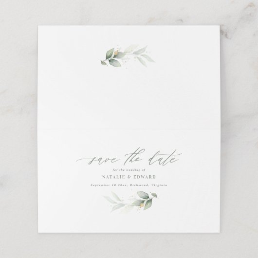 Eucalyptus groene goudbruiloft met uitzondering va plaatskaartje (Buitenkant ongevouwen)