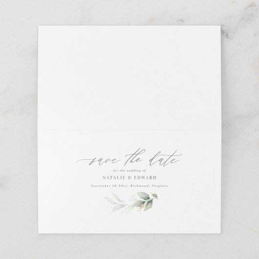 Eucalyptus groene goudbruiloft met uitzondering va plaatskaartje (Buitenkant ongevouwen)