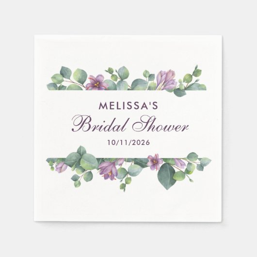 Eucalyptus Groene Groen Paarse Bruiloft Feest Servet (Voorkant)