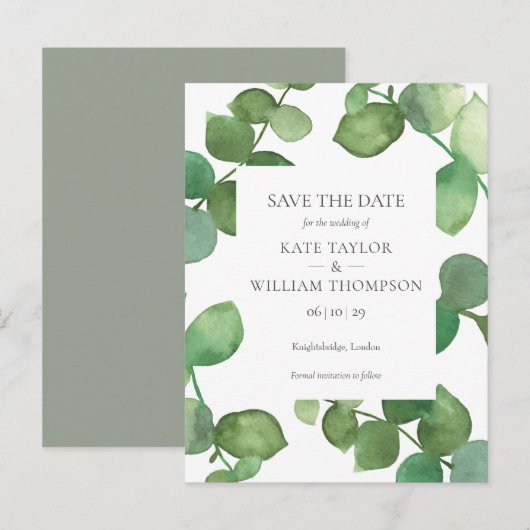 Eucalyptus groene Huwelijk Bewaar de Datum Aankondigingskaart (Voorkant / Achterkant)