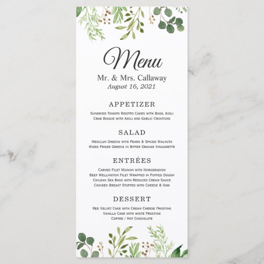 Eucalyptus groene huwelijksdiner menu (Voorkant)