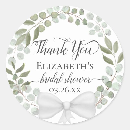 Eucalyptus groene krans bruidsdouche bedankje ronde sticker (Voorkant)