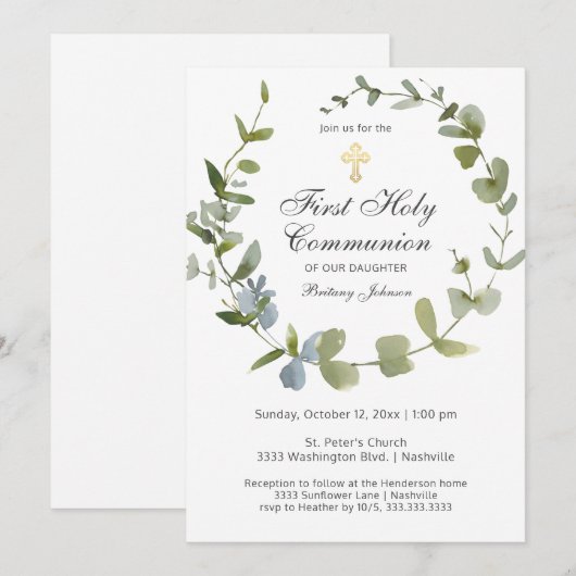 Eucalyptus groene krans kruis Heilige Communie Kaart (Voorkant / Achterkant)
