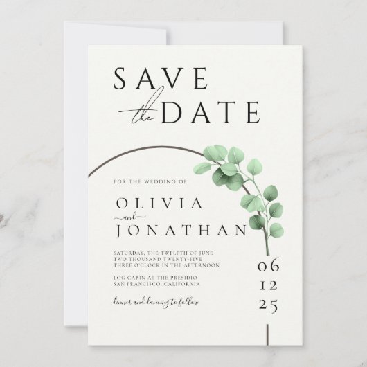 Eucalyptus Groene Lijst Minimalistische Trouwdag Save The Date (Voorkant)