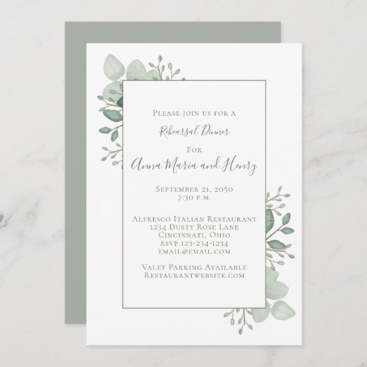 Eucalyptus Groene Loof Rehearsal Diner Kaart (Voorkant / Achterkant)