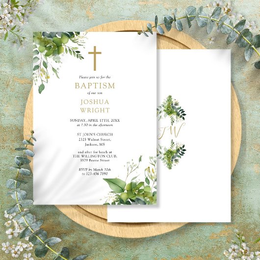 Eucalyptus Groene Monogram Doop Christening Kaart