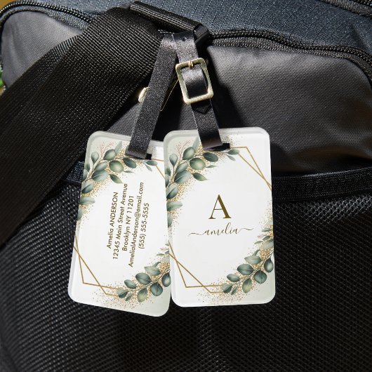 Eucalyptus Groene Monogram Gouden Geometrische Fra Bagagelabel