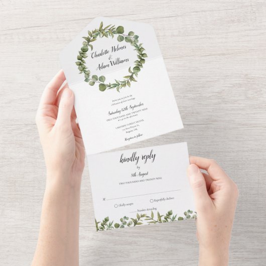Eucalyptus Groene Monogram Huwelijk All In One Uitnodiging (Afscheurbaar)