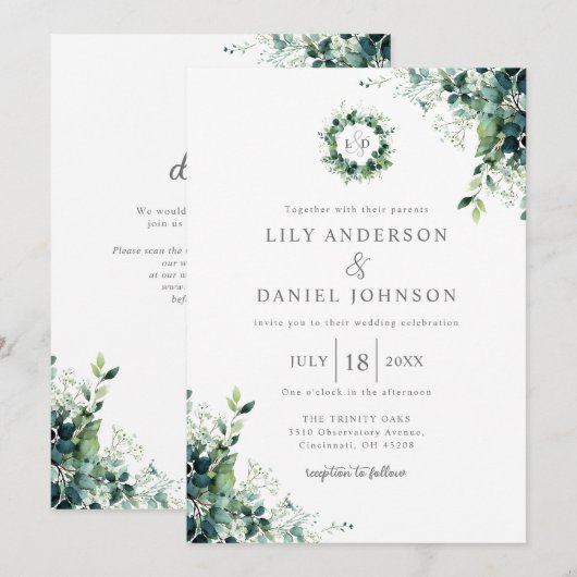Eucalyptus Groene Monogram QR Code Trouwen Kaart (Voorkant / Achterkant)