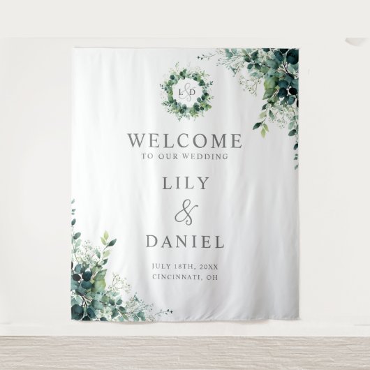Eucalyptus Groene Monogram Trouw Achtergrond Wandkleed (Voorkant)