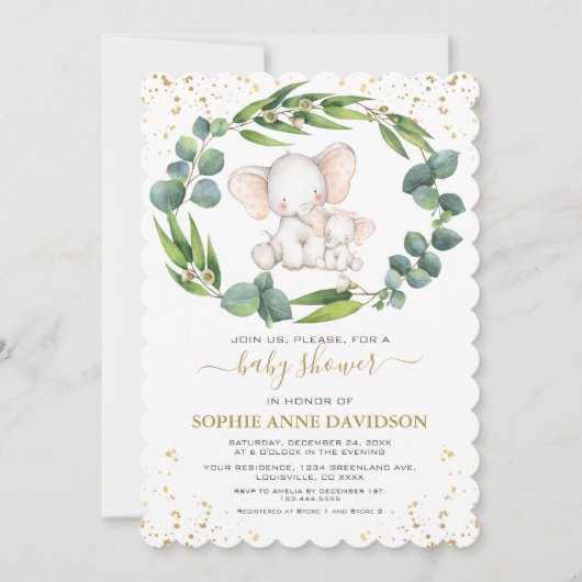 Eucalyptus Groene Olifant Meisje Baby Shower Kaart (Voorkant)