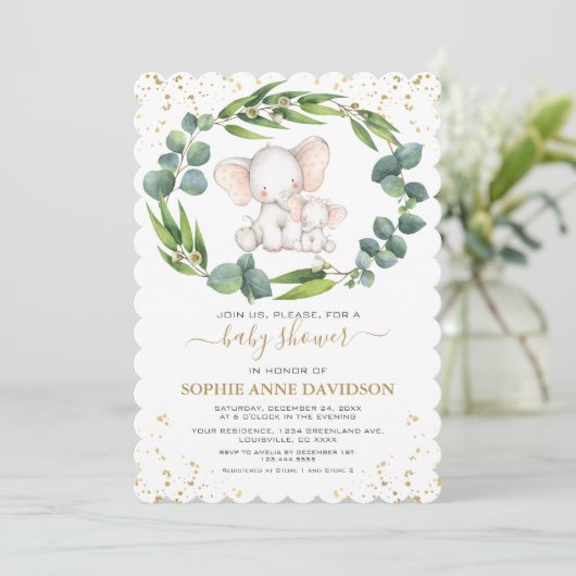 Eucalyptus Groene Olifant Meisje Baby Shower Kaart (Staand voorkant)
