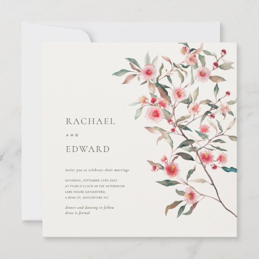 Eucalyptus Groene & Roze Bloemen Bruiloft Kaart (Voorkant)