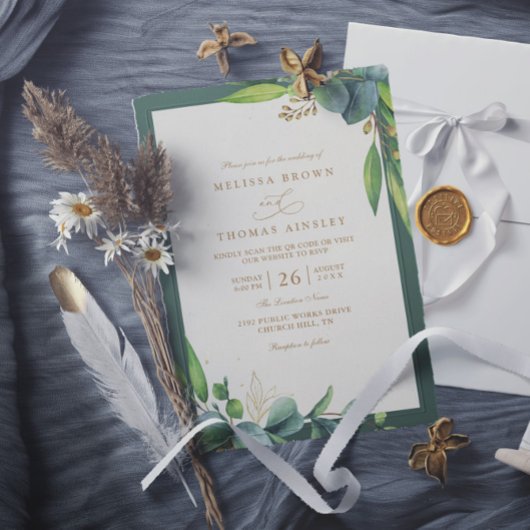 Eucalyptus Groene Rustieke Elegante QR Code Huweli Kaart