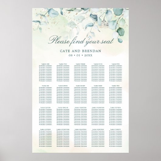Eucalyptus Groene Rustieke Trouw Zittijd Chart Poster (Voorkant)