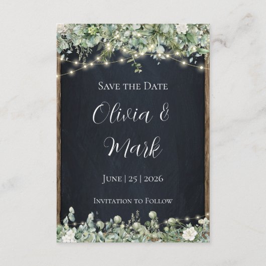 Eucalyptus Groene Save the Date | Rustieke Houten Informatiekaartje (Voorkant)