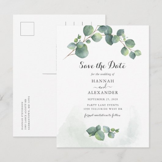 Eucalyptus Groene Script Botanische Bewaar De Datu Aankondigingskaart (Voorkant / Achterkant)