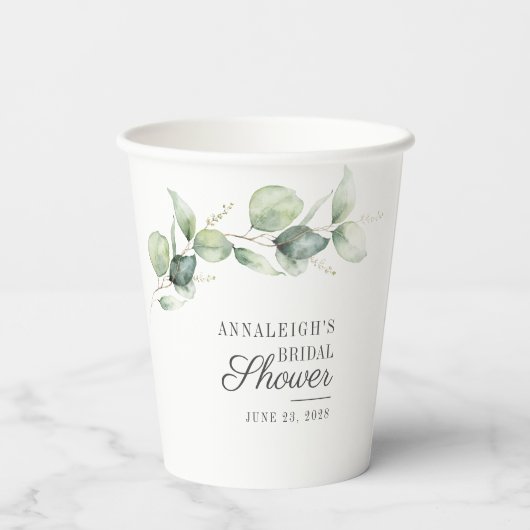Eucalyptus Groene Script Bruidsdouche Papieren Bekers (Achterkant)
