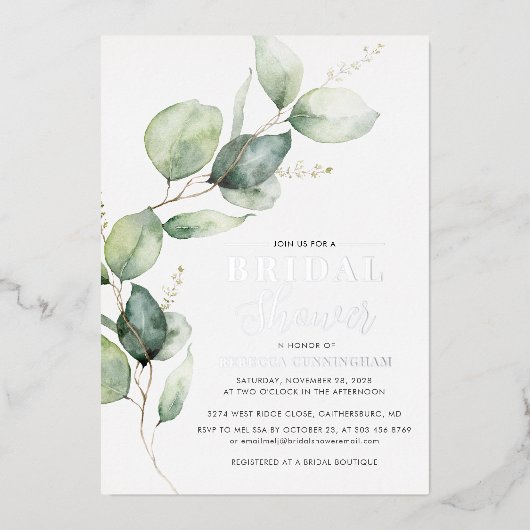 Eucalyptus Groene Script Bruiloft Zilver Folie Uitnodiging (Voorkant)