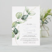 Eucalyptus Groene Script Bruiloft Zilver Folie Uitnodiging (Staand Voorkant)