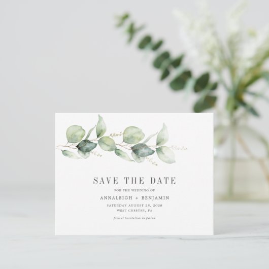 Eucalyptus Groene Script Foto Save the Date (Staand voorkant)