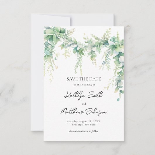 Eucalyptus Groene Script Moderne Tuin Bruiloft Save The Date (Voorkant)