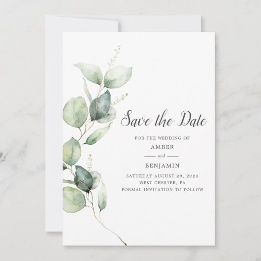 Eucalyptus Groene Script Save the Date (Voorkant)
