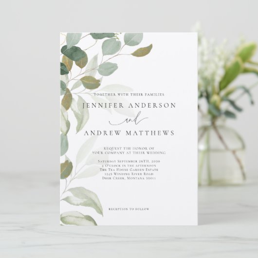 Eucalyptus Groene Vetplant Elegante Trouw Uitnod Kaart (Staand voorkant)