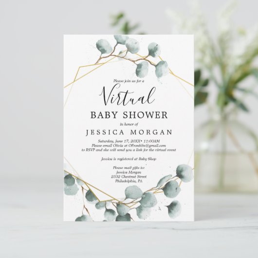 Eucalyptus groene virtuele babyshower uitnodiging (Staand voorkant)
