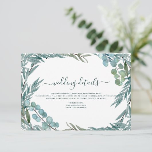 Eucalyptus Groene Watercolor Huwelijksdetails Kaart (Staand voorkant)
