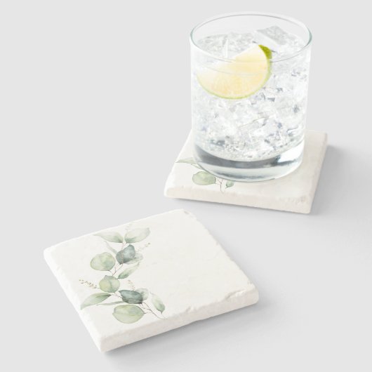 Eucalyptus Groene Waterverf Botanisch Stenen Onderzetter (Zijkant)