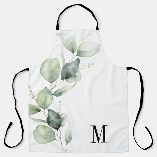 Eucalyptus Groene Waterverf Botanische Monogram Schort (Voorkant)