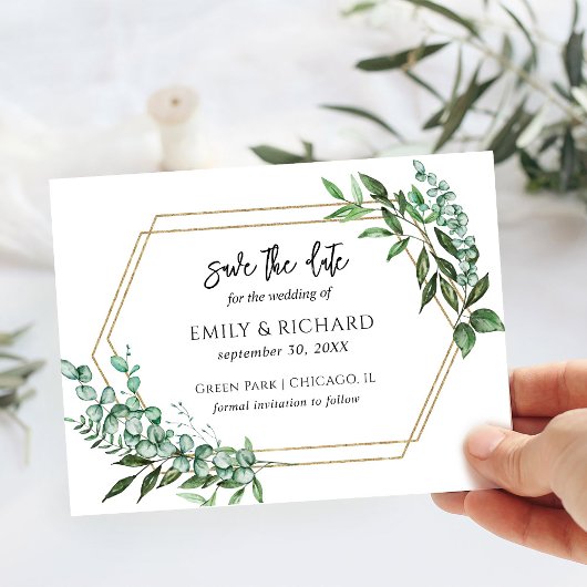 Eucalyptus Groenelementen Goud Bewaar de Datum Briefkaart