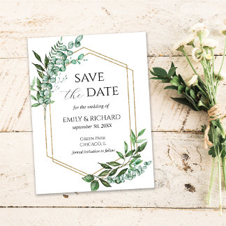 Eucalyptus Groenelementen Goud Save the Date Postk Briefkaart