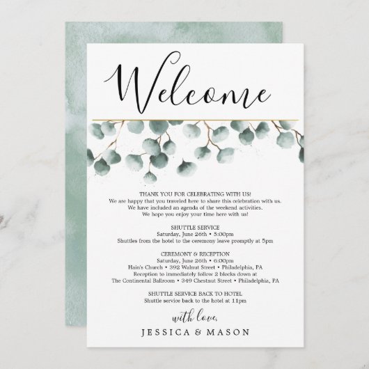 Eucalyptus Groenen Huwelijk Welkom Reisbrief Programmakaart (Voorkant / Achterkant)