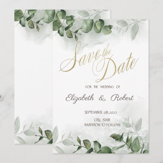 Eucalyptus Groenery Bewaar de Datum Save The Date (Voorkant / Achterkant)